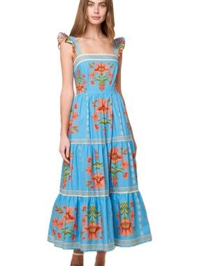 Flying Tomato Sky Blue Maxi Dress with Orange Floral Embroidery